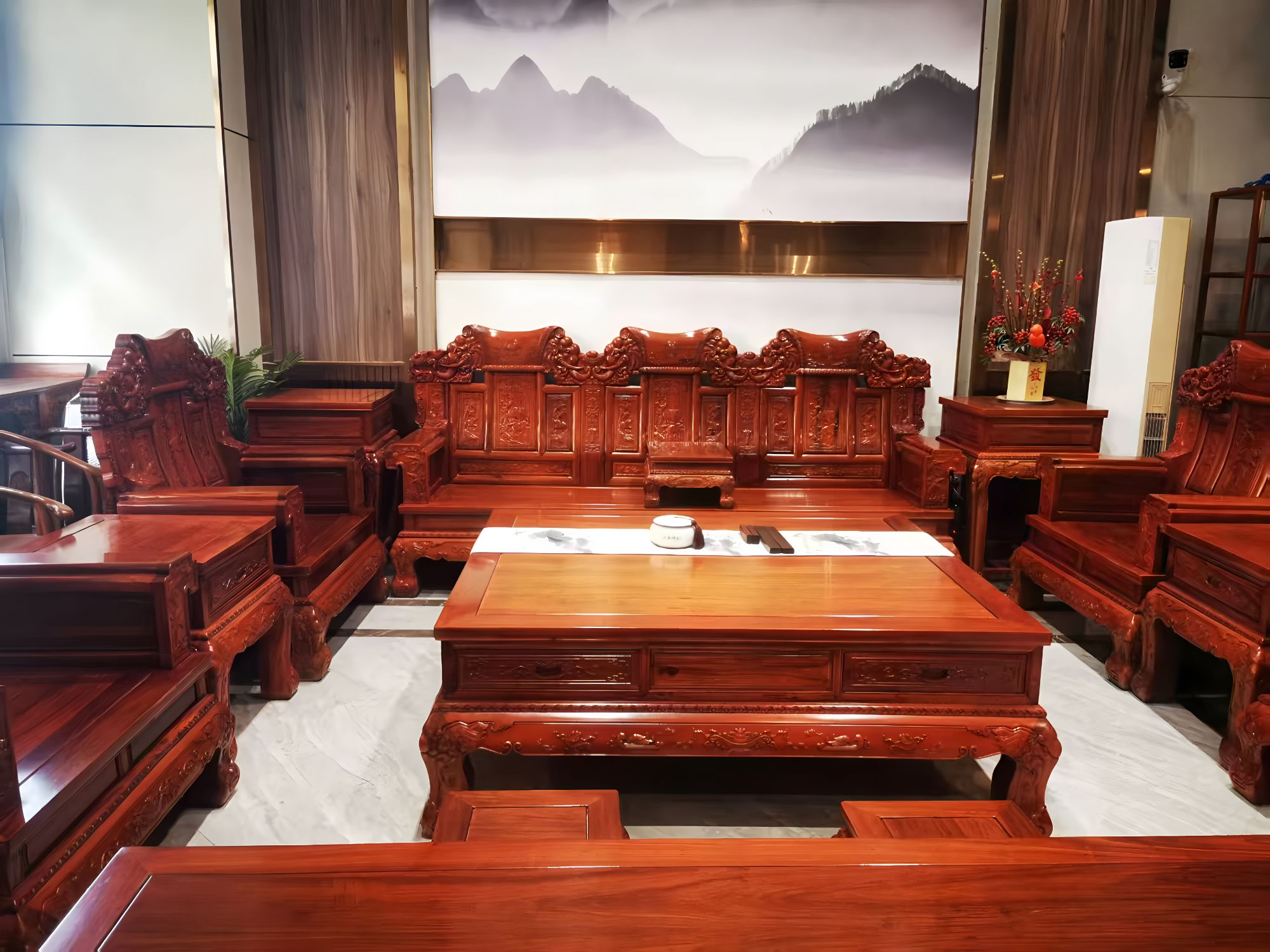 雕花工艺移动新古典餐桌中式实木沙发两用新中式雕花