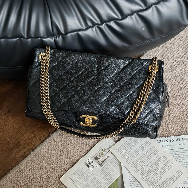 95新 Chanel/香奈儿 Azul - 黑金牛皮CF链条时尚机场包 37793    