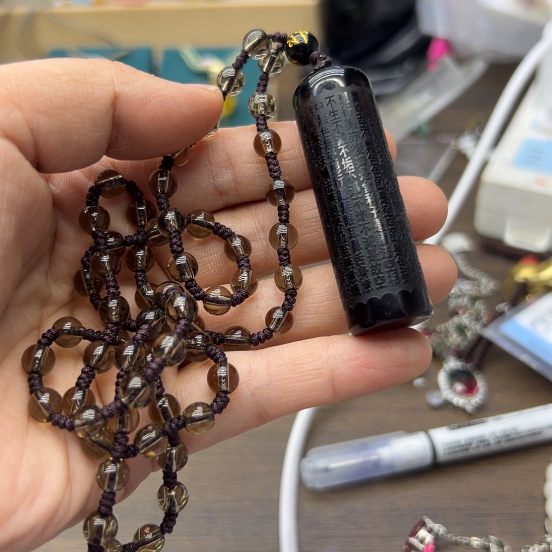 黑曜岩未镶嵌颈饰心经柱