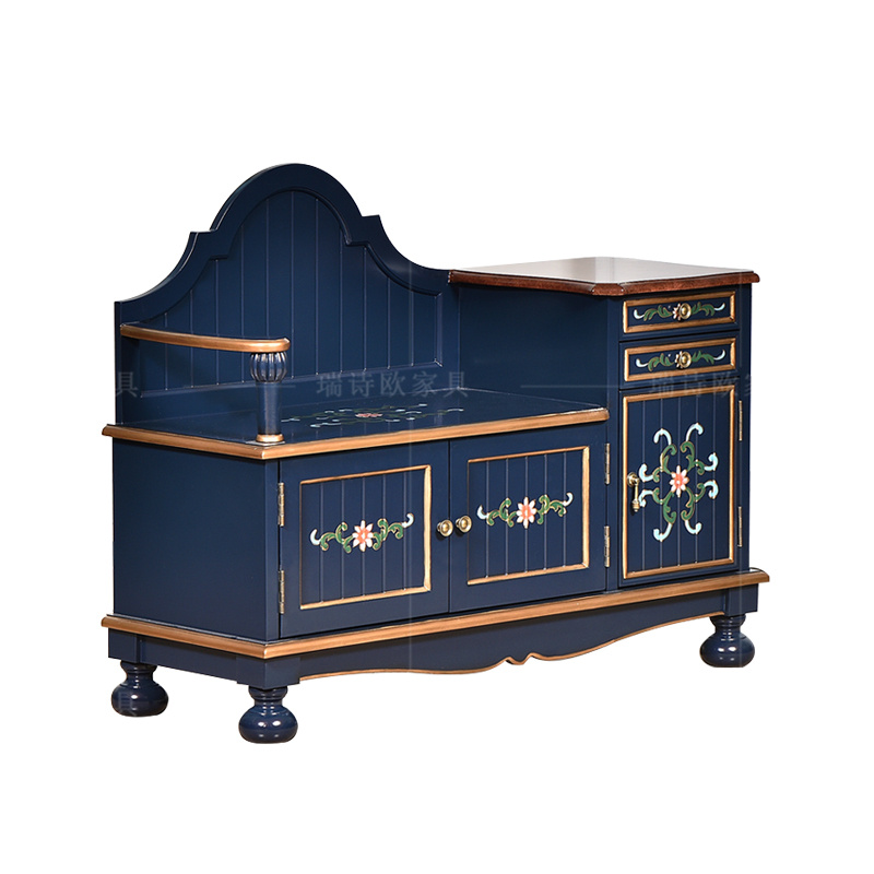 美式乡村风格实木换鞋凳欧式复古彩绘收纳鞋柜特色一体可坐鞋柜子