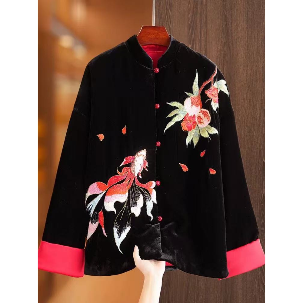 新国风刺绣真丝丝绒棉服女冬季宽松短款手工盘扣立领加厚保暖棉衣