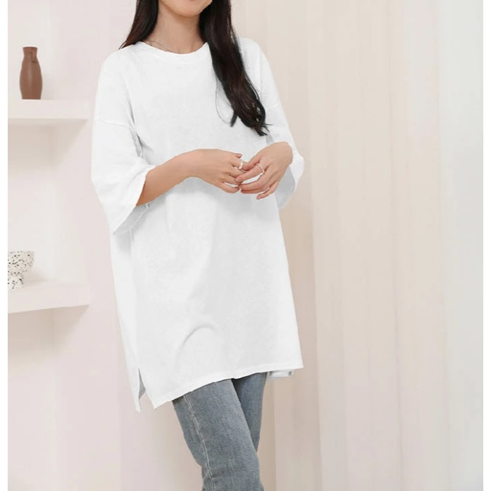 女士中长款纯棉五分袖T恤BB0457高克重圆领简约风夏季时尚短袖T恤