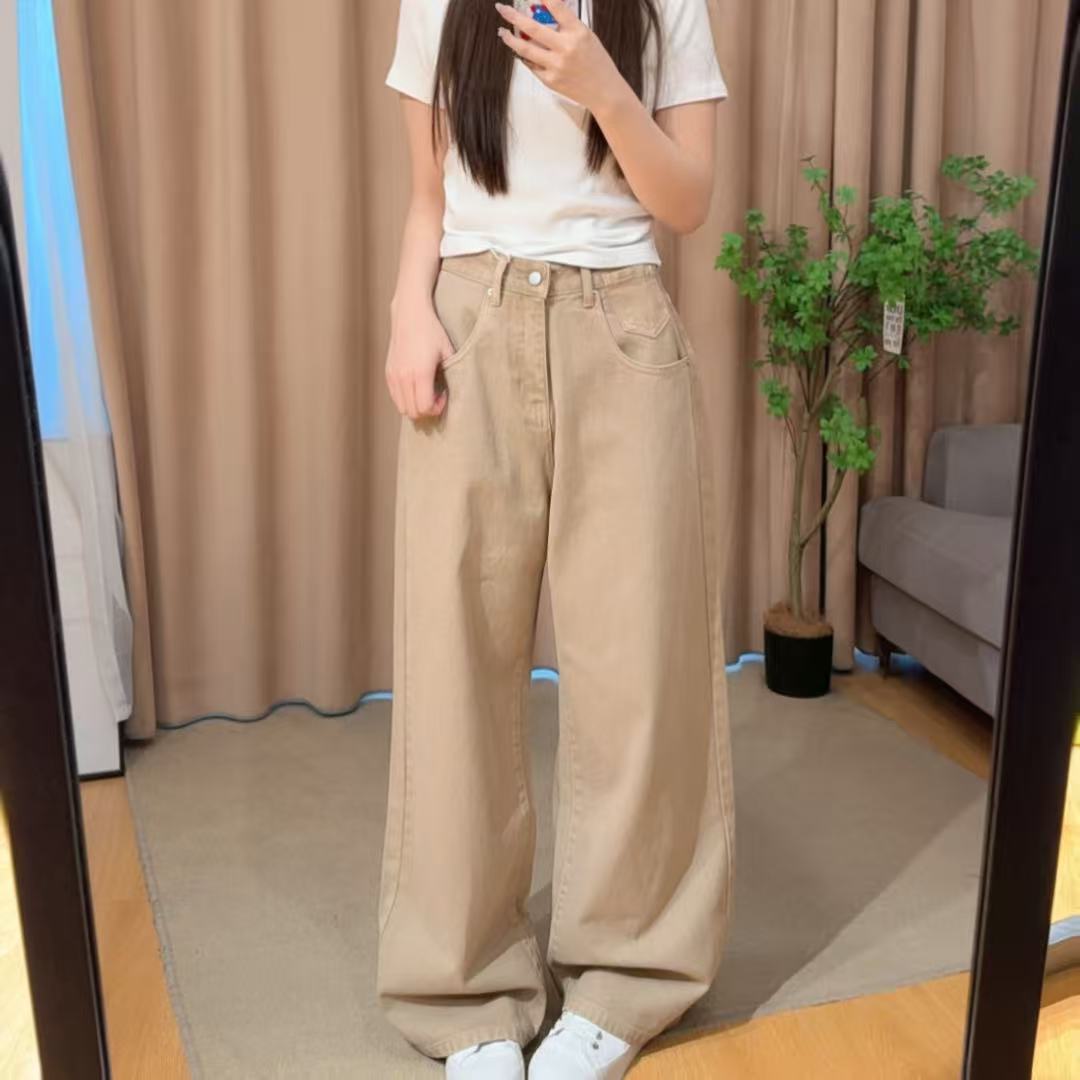 85501余小鱼【卡其记忆】卡其色时尚韩系抓毛水洗阔腿牛仔裤女装