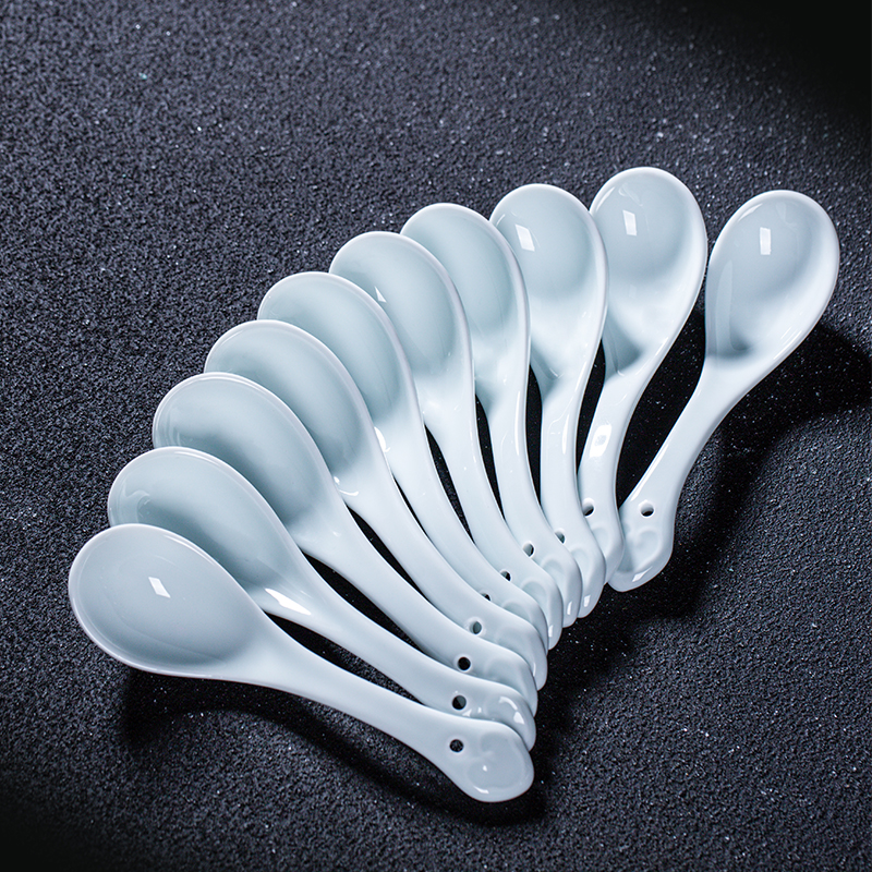 影青高白泥小汤勺景德镇釉下高温如意纹汤勺家用喝汤勺子10个调羹