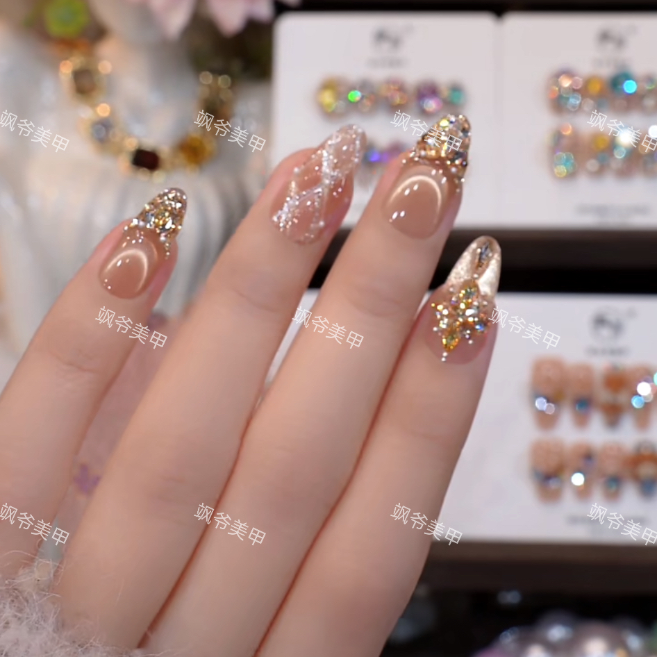 鎏金小香风-美甲店手工穿戴甲-钻石店-可重复佩戴-掉钻包补-10片
