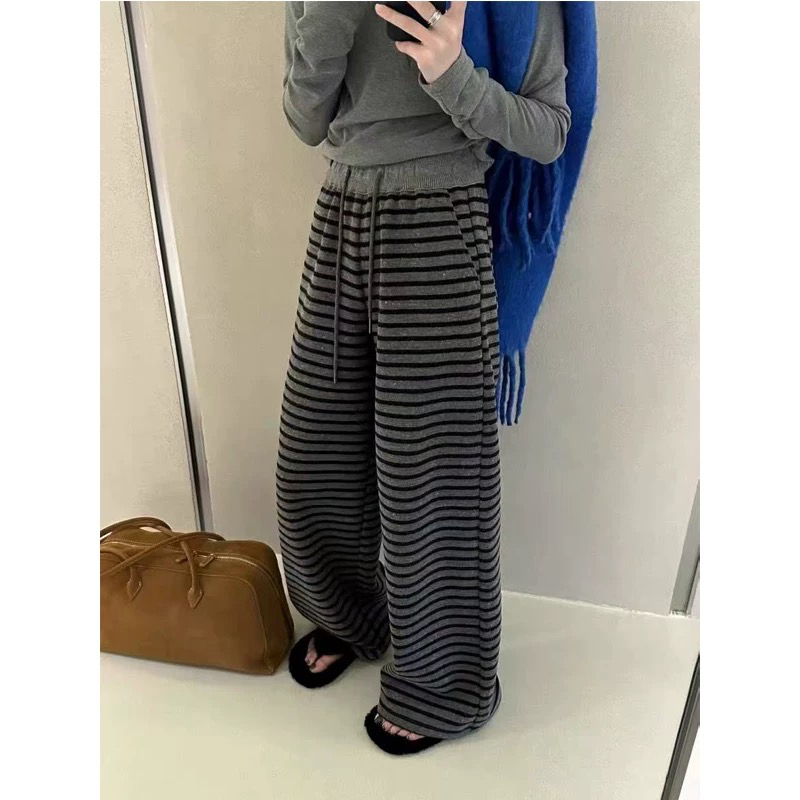 2025春季新款韩版洋气气质女神条纹阔腿休闲裤女宽松百搭直筒长裤