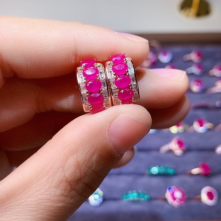 红宝石耳饰银S925镶嵌