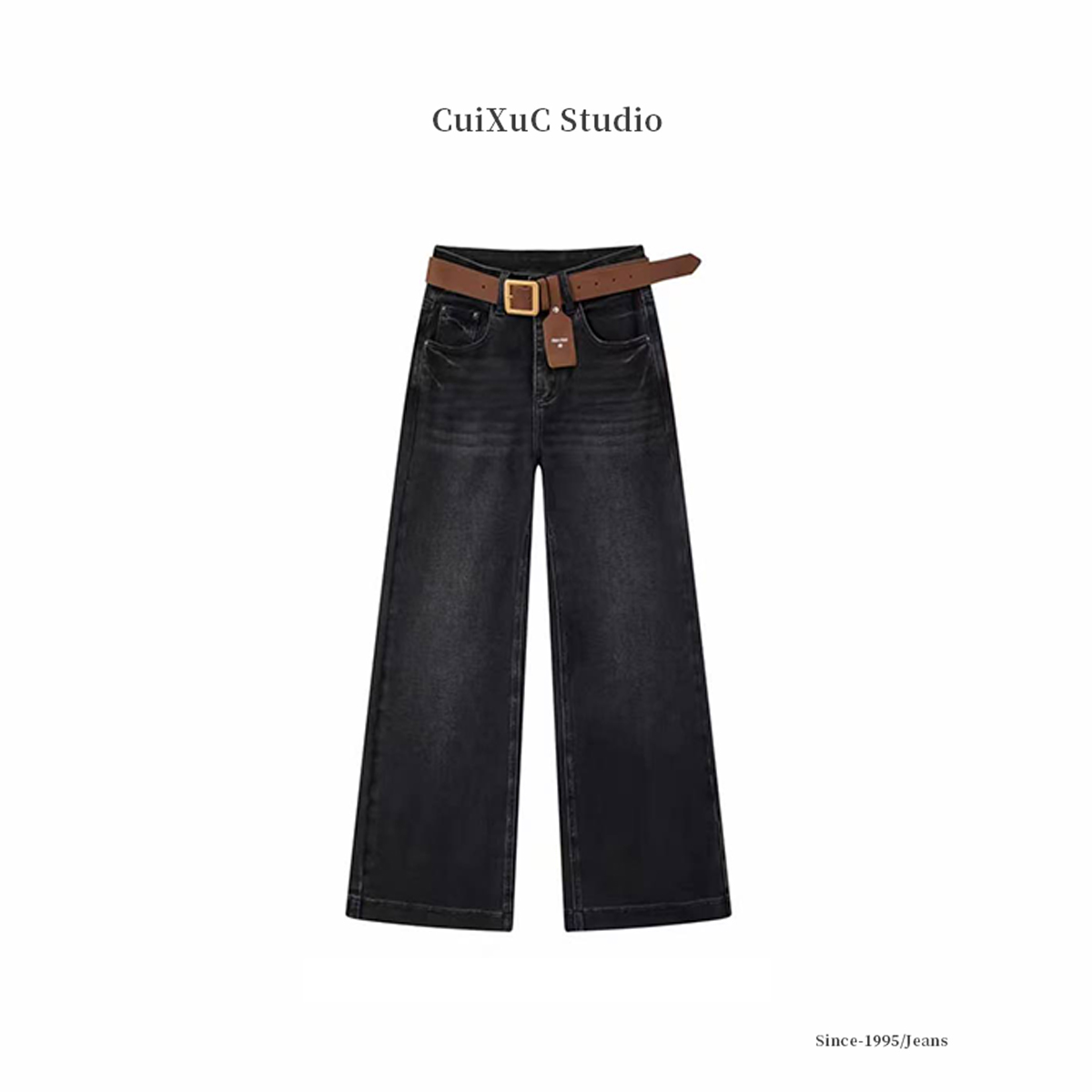 Miu家+大牌赠皮带树皮皱窄版阔腿牛仔裤高腰土耳其梨型身材WUD