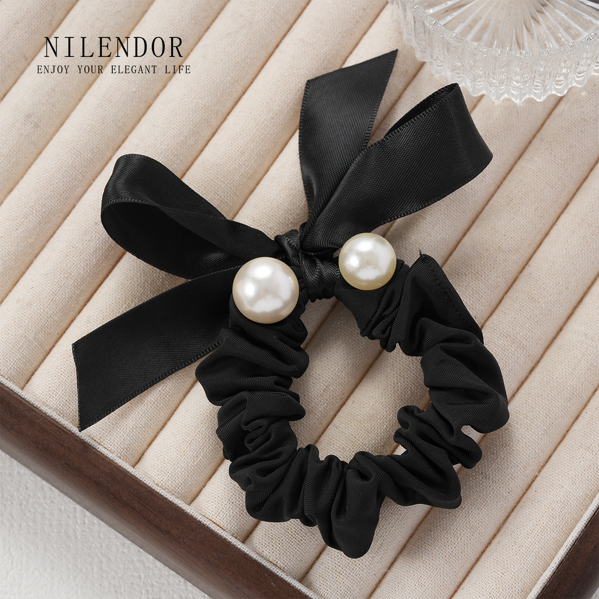 FS-21韩版法式小香风黑色头绳蝴蝶结珠珠气质百搭