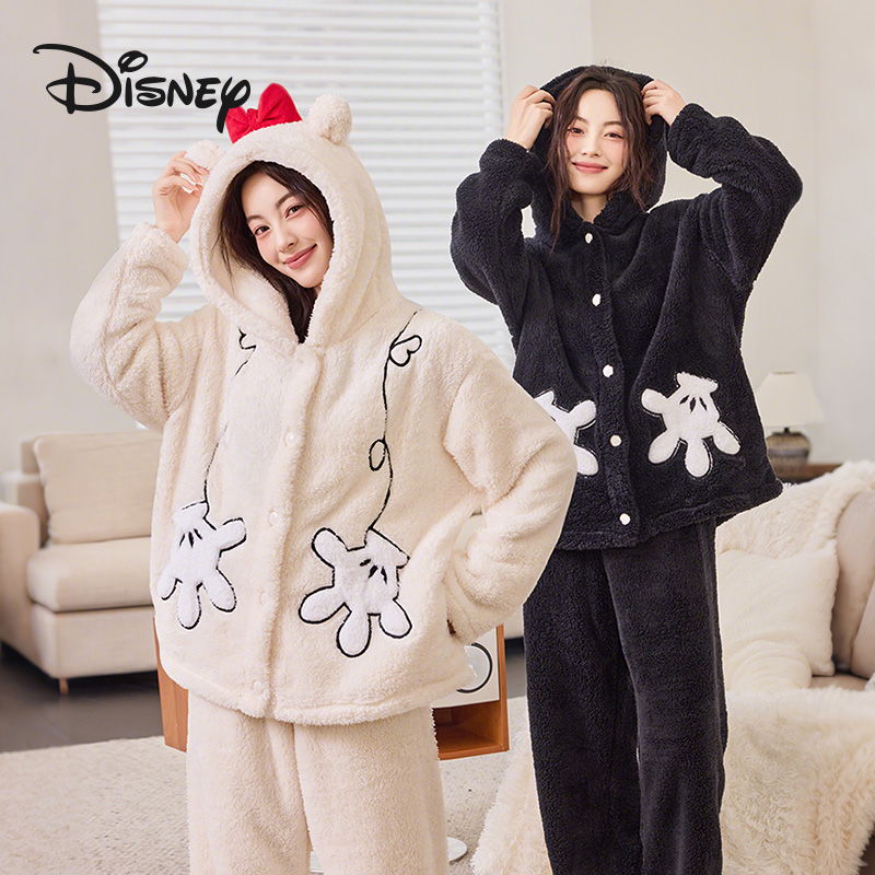 Disney/迪士尼秋冬换季新款加绒防寒男女情侣同款珊瑚绒睡衣套装