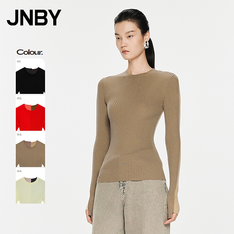 JNBY/江南布衣秋冬美丽诺羊毛针织衫女圆领撞色拼接毛衣5O0312880