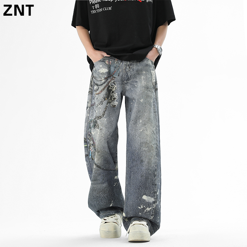 ZNT原创设计新款港风复古破洞牛仔裤男士潮牌高街阔腿直筒长裤   