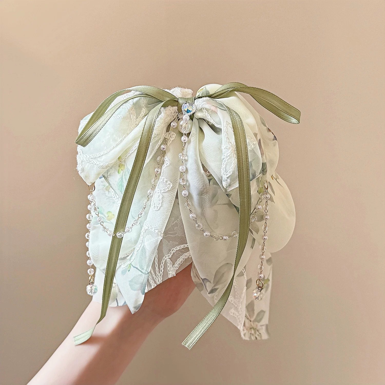 碎花蝴蝶结马尾夹高级感网纱刺绣发夹高颜值甜美温柔风抓夹3838