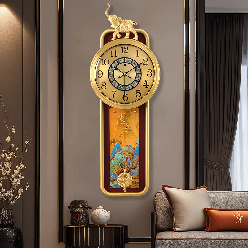 新中式现代轻奢黄铜珐琅彩挂钟客厅家用创意挂墙装饰石英钟表静音