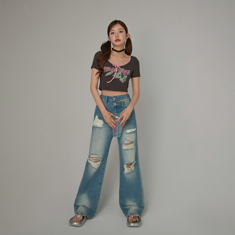 CHUU夏季女装字母海星涂鸦设计正肩修身学院风百搭直筒牛仔裤