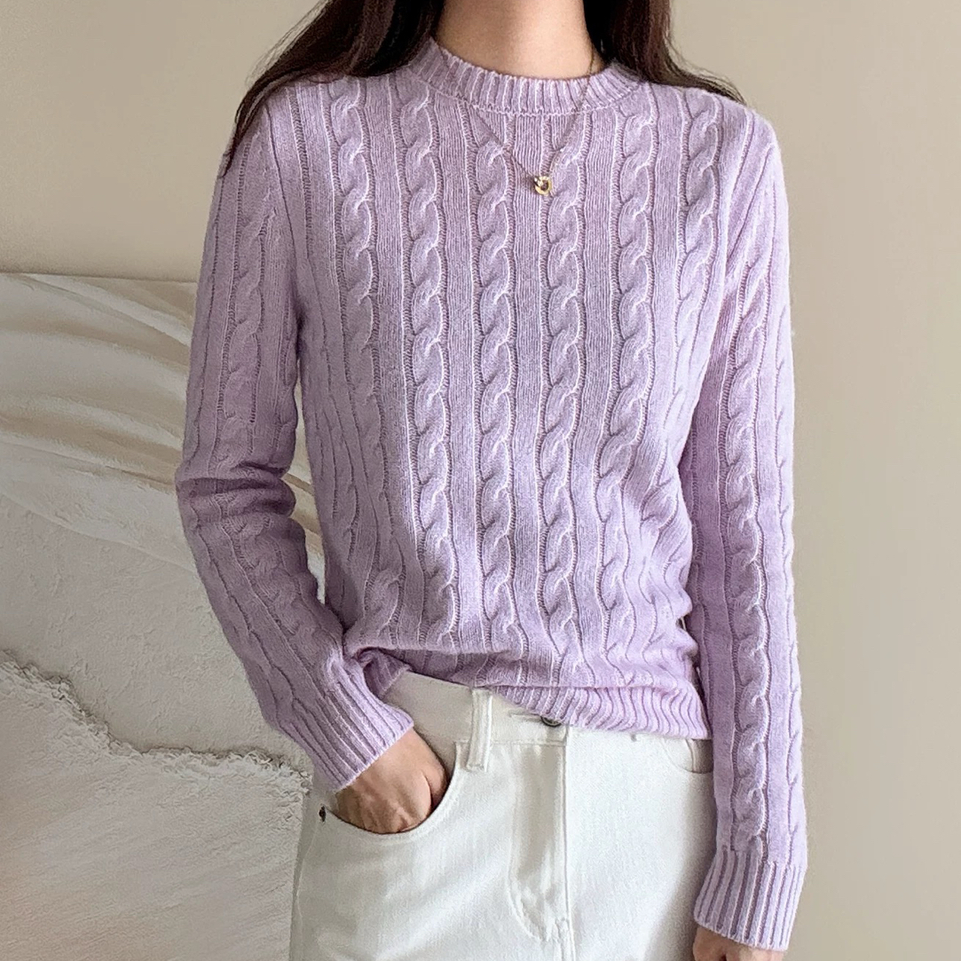 老钱风100纯山羊绒衫复古麻花圆领羊绒针织衫毛衣女秋冬厚款打底