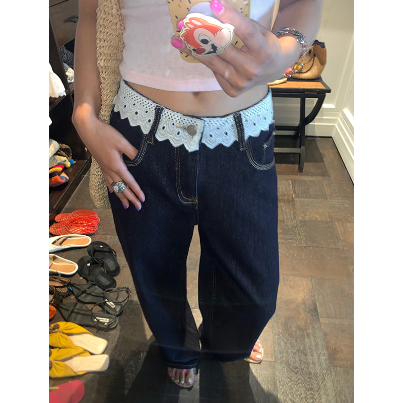 今屿花花  牛仔裤女2025新款设计感小众宽松阔腿裤小个子长裤高腰