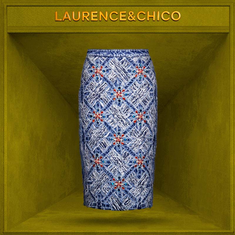 LC钻饰手编米字格牛仔长半裙，蓝色D4AD10114010