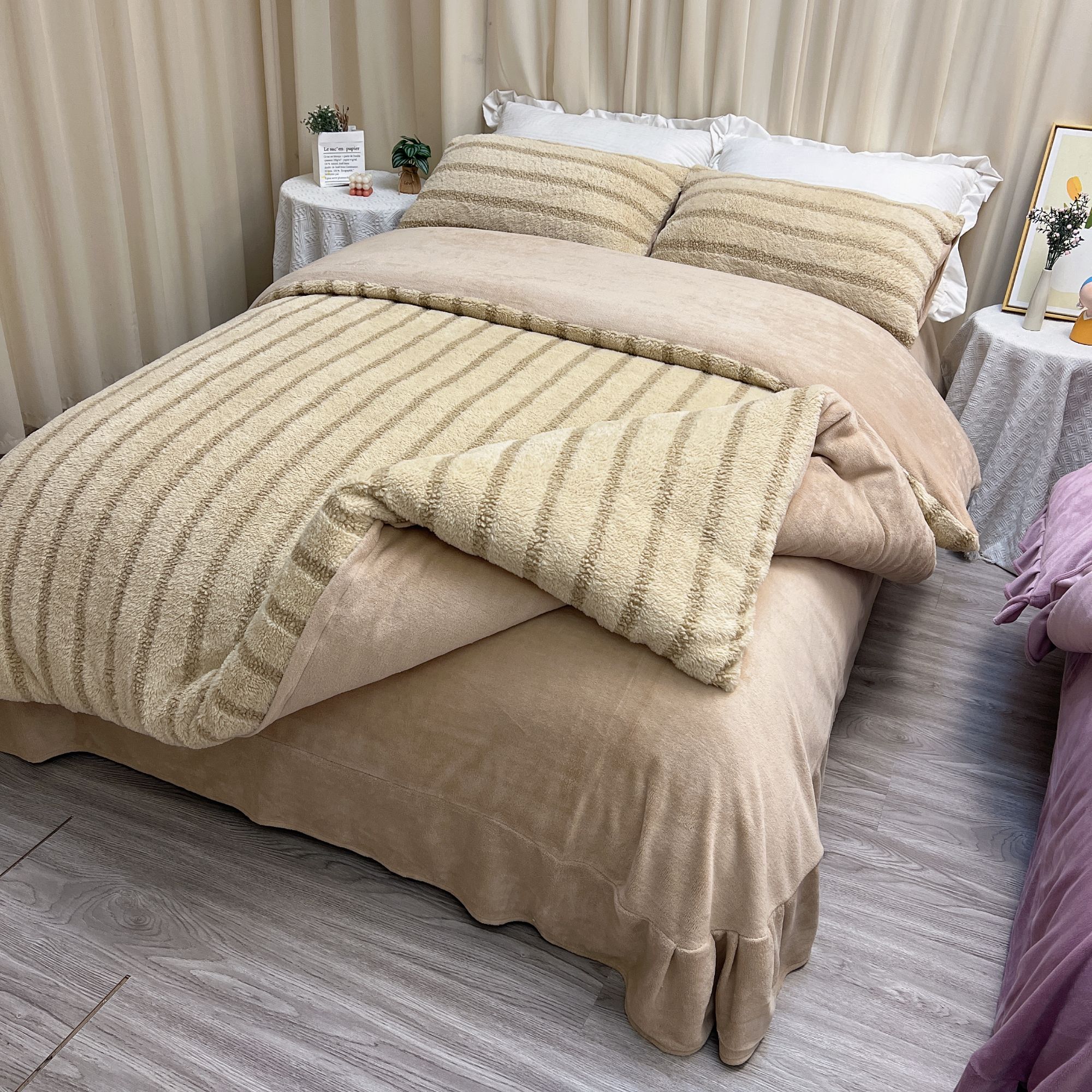 雪京  现货  冬季加绒加厚牛奶绒长绒学生三件套 家用床笠四件套