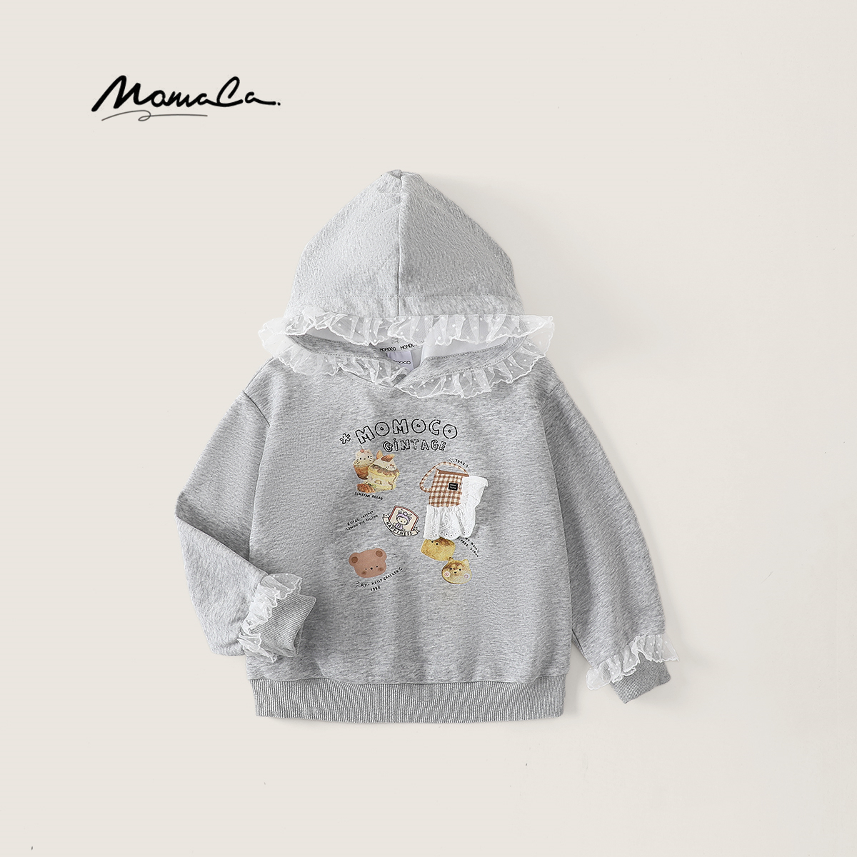 MOMOCO春秋季女童中大童印花小熊花边帽卫衣百搭上衣77740232002
