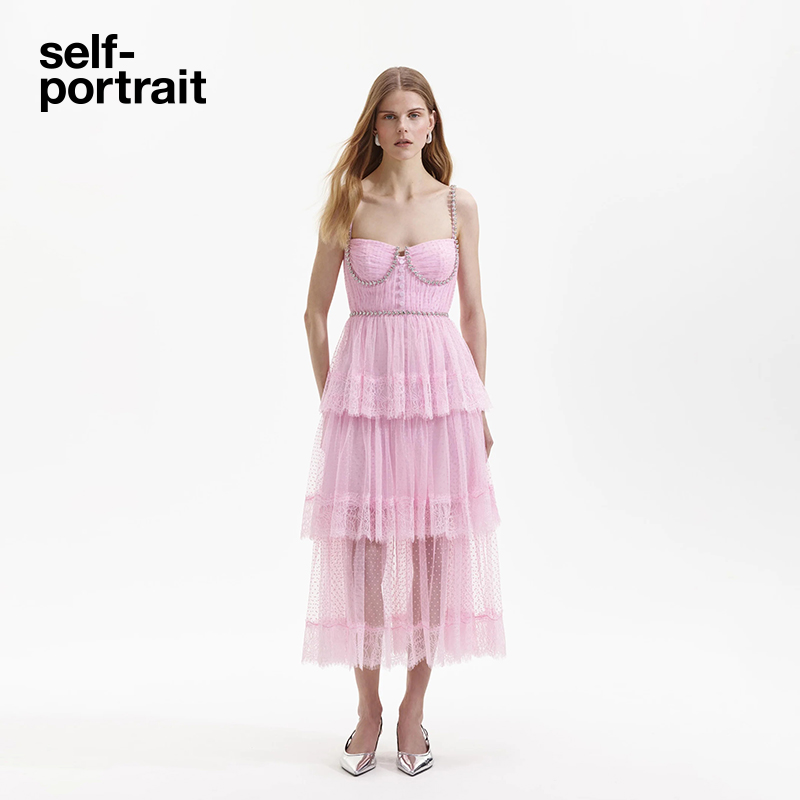 self-portrait 早秋粉红色钻饰波点连衣裙
