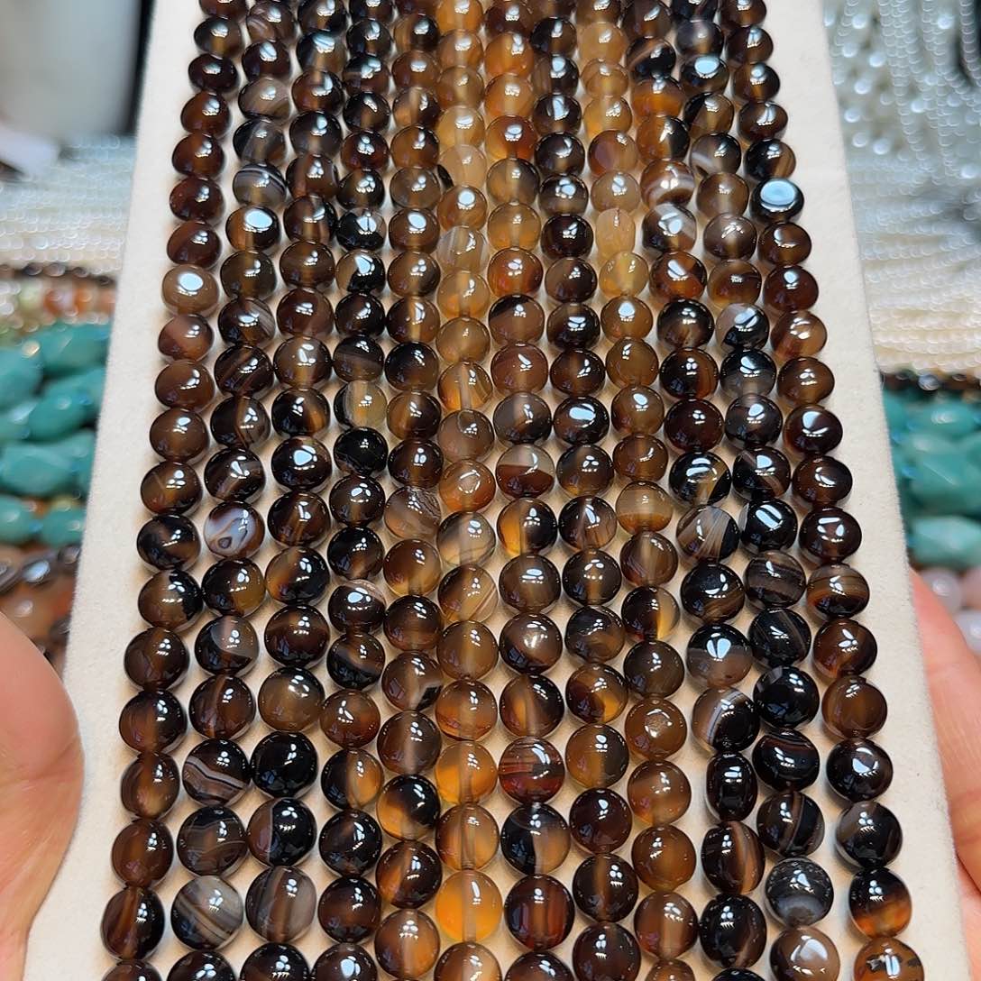 玛瑙/玉髓合金珠宝半成品黑玛瑙焦糖色厚圆饼一条10mm