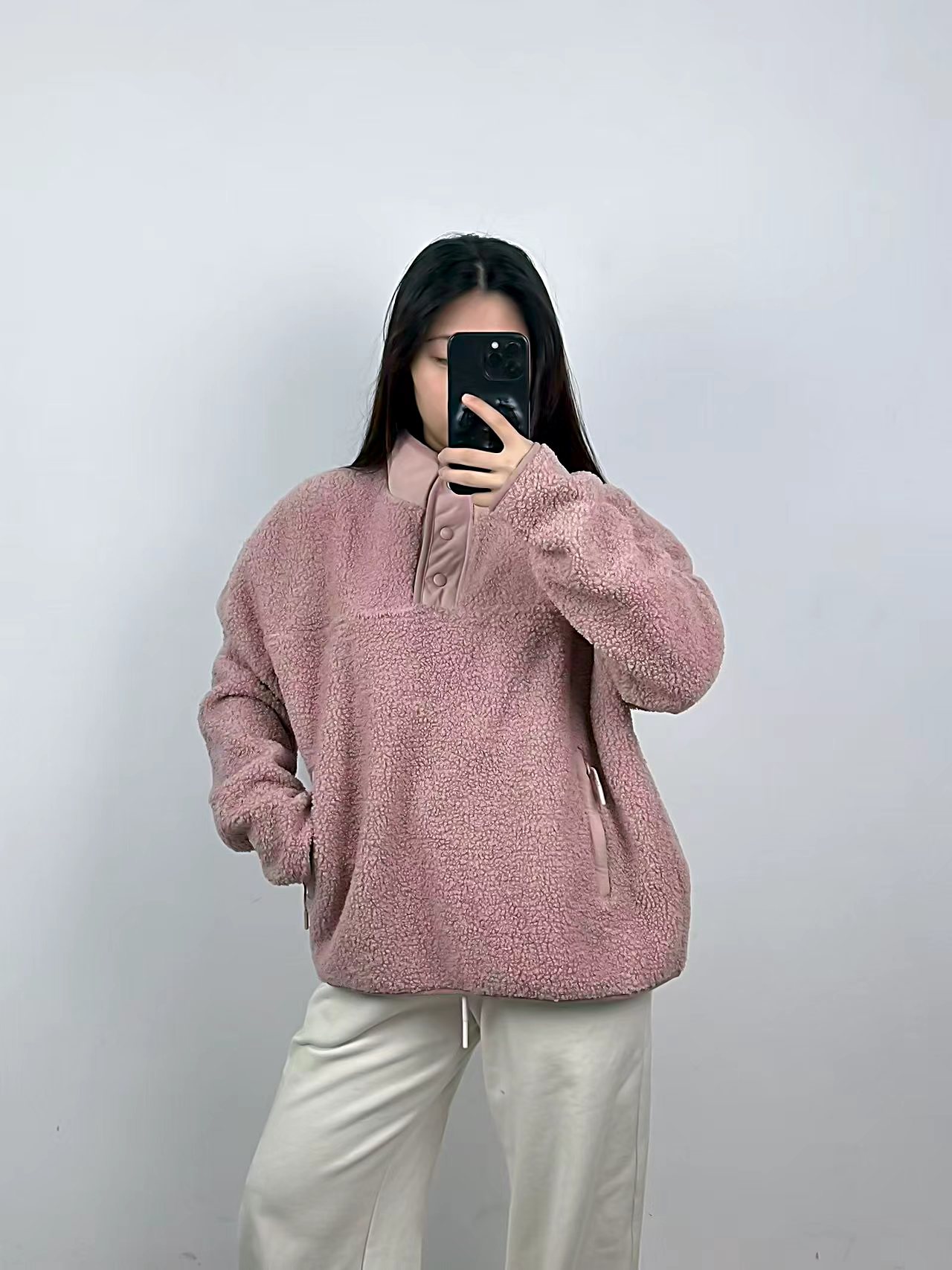 时尚款~秋冬立领半纽扣摇粒绒卫衣宽松保暖时尚百搭套头衫（30A）