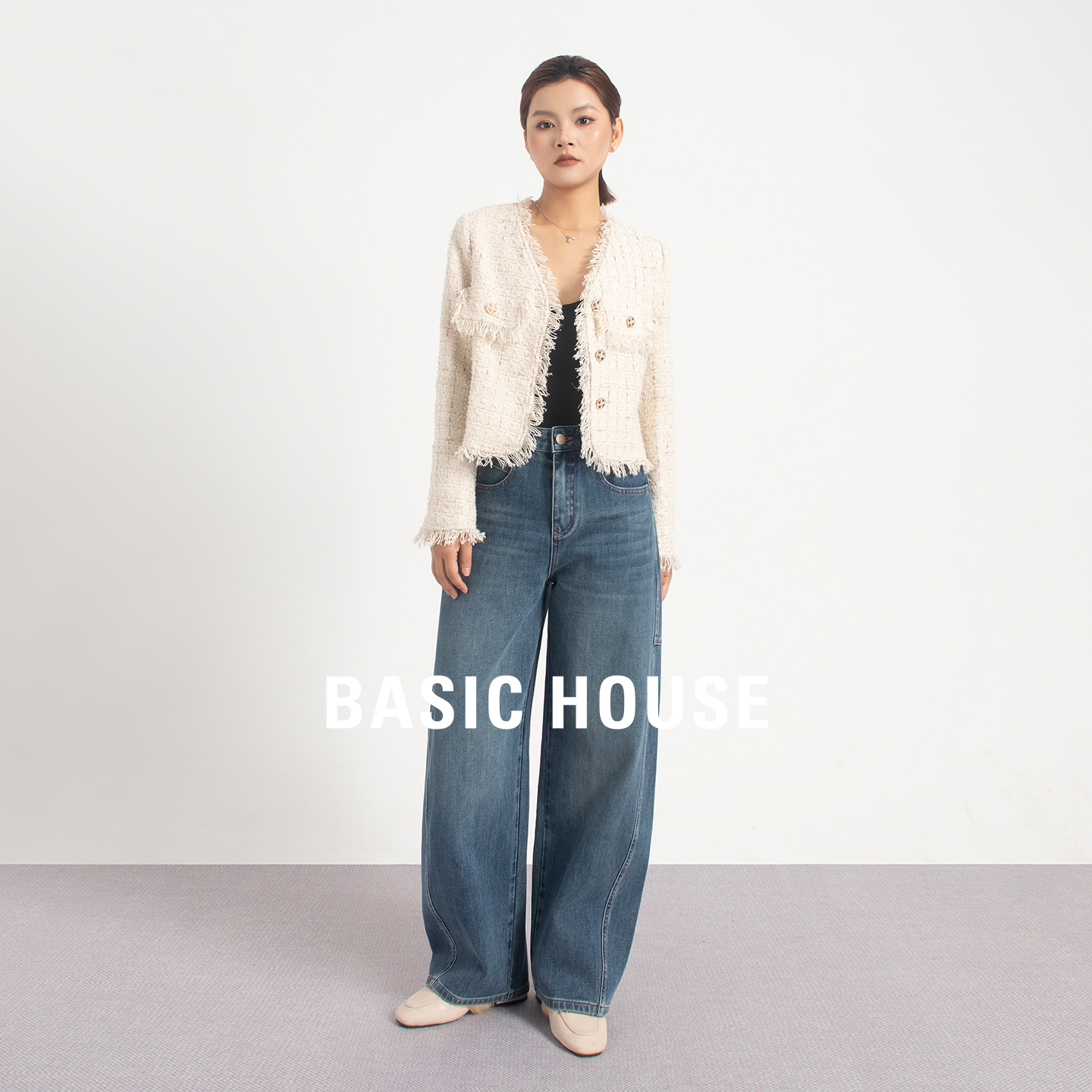 Basic House/百家好纯欲慵懒风女装牛仔裤高腰秋季美式复古弯刀裤