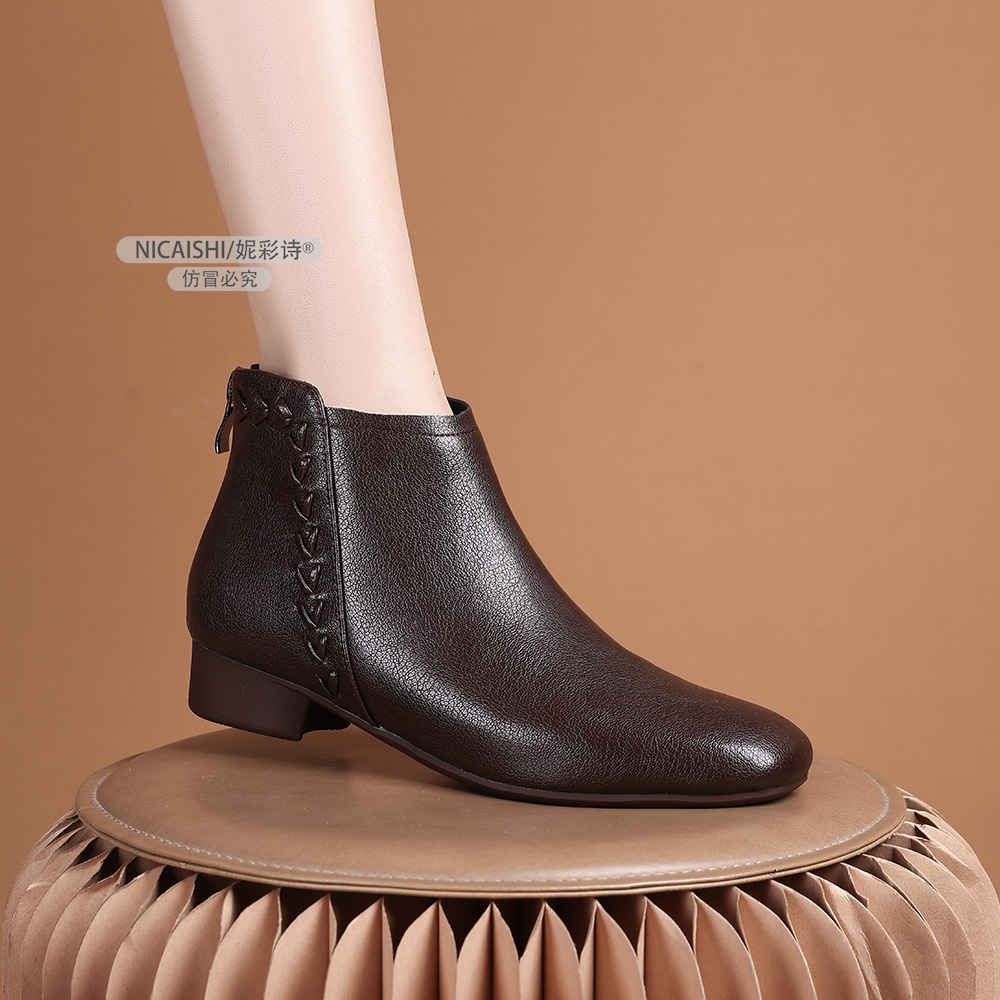 2025新款欧美巨软小踝靴复古女靴百搭圆头后拉链中跟短靴女3198