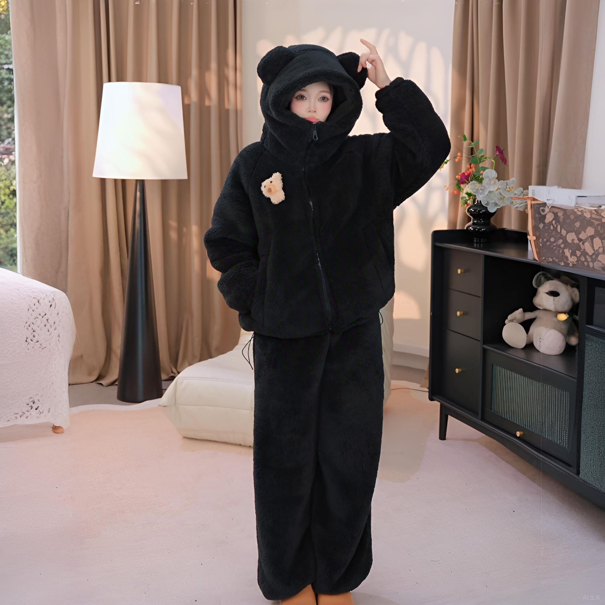 【芳芳专属】加绒加厚暖感泡泡绒可爱小熊连帽三层复合可外穿家居服