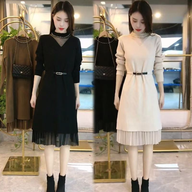 针织连衣裙秋冬新款中长款气质显瘦减龄女士毛衣裙宽松百搭打底裙