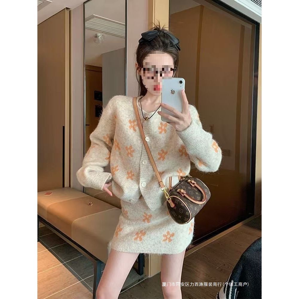 韩系小个子毛衣针织开衫半身裙两件套慵懒洋气减龄时尚显瘦套装潮
