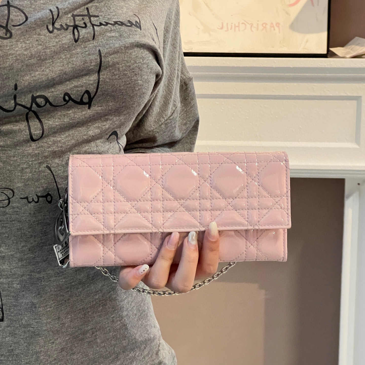95新 DIOR/迪奥 dior少女粉漆皮手拿woc包