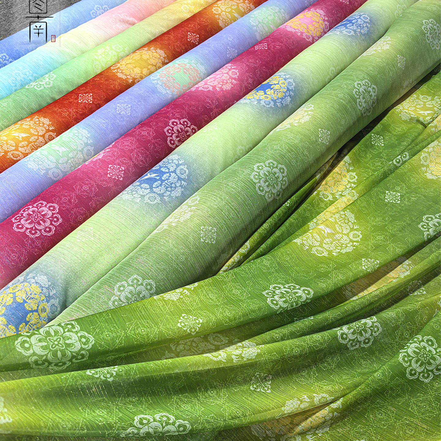 图南芳华夏明团花印花银丝雪纺面料汉服古风襦裙童装裙服装布料