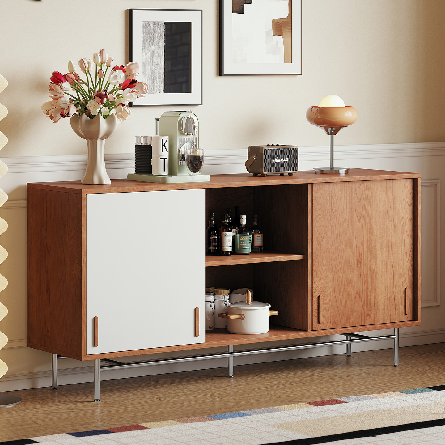 日式北欧风极简餐边柜大容量方便打扫地面家用储物柜双拼色电视柜