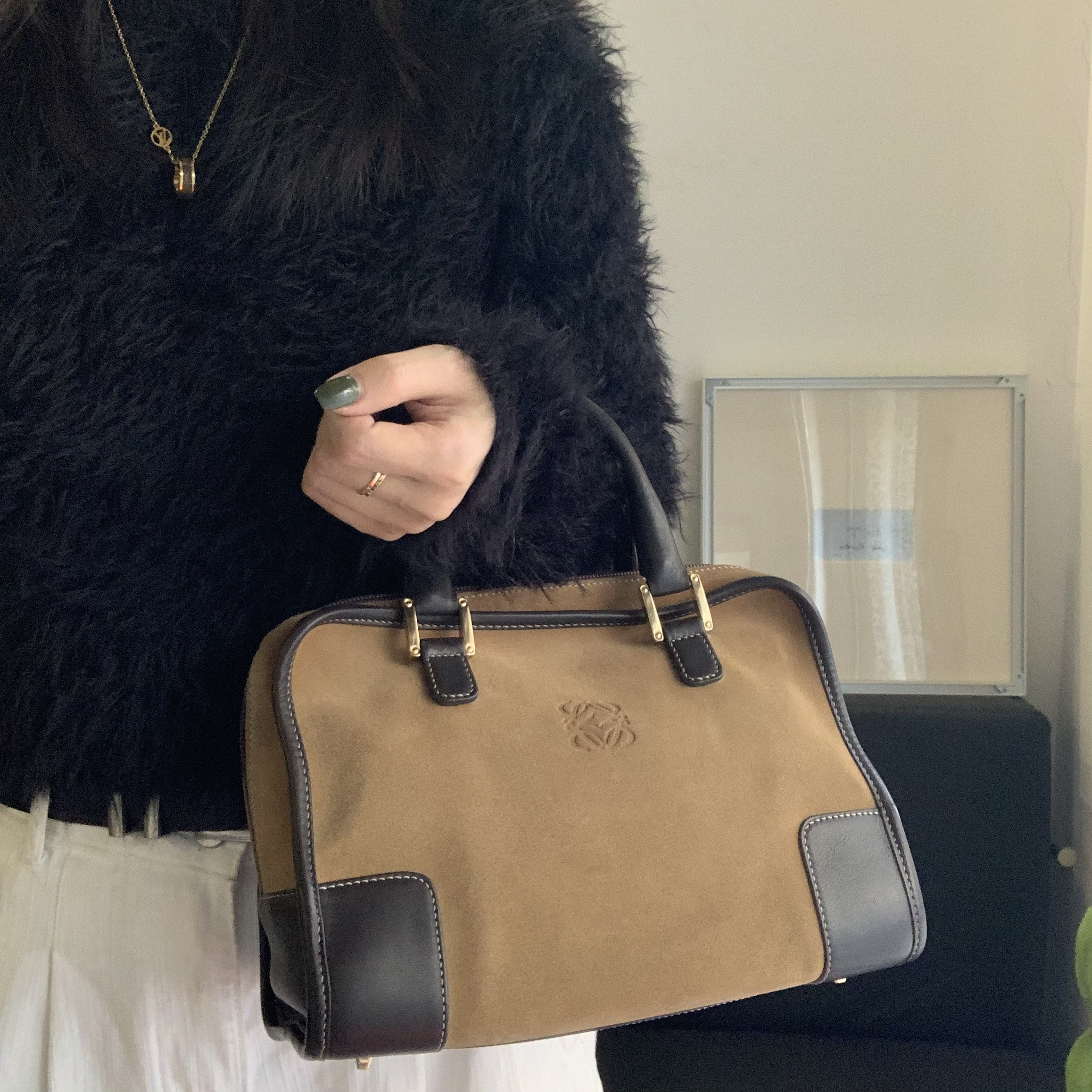 95新 LOEWE/罗意威 7 驼色麂皮拼皮亚马逊28手提包