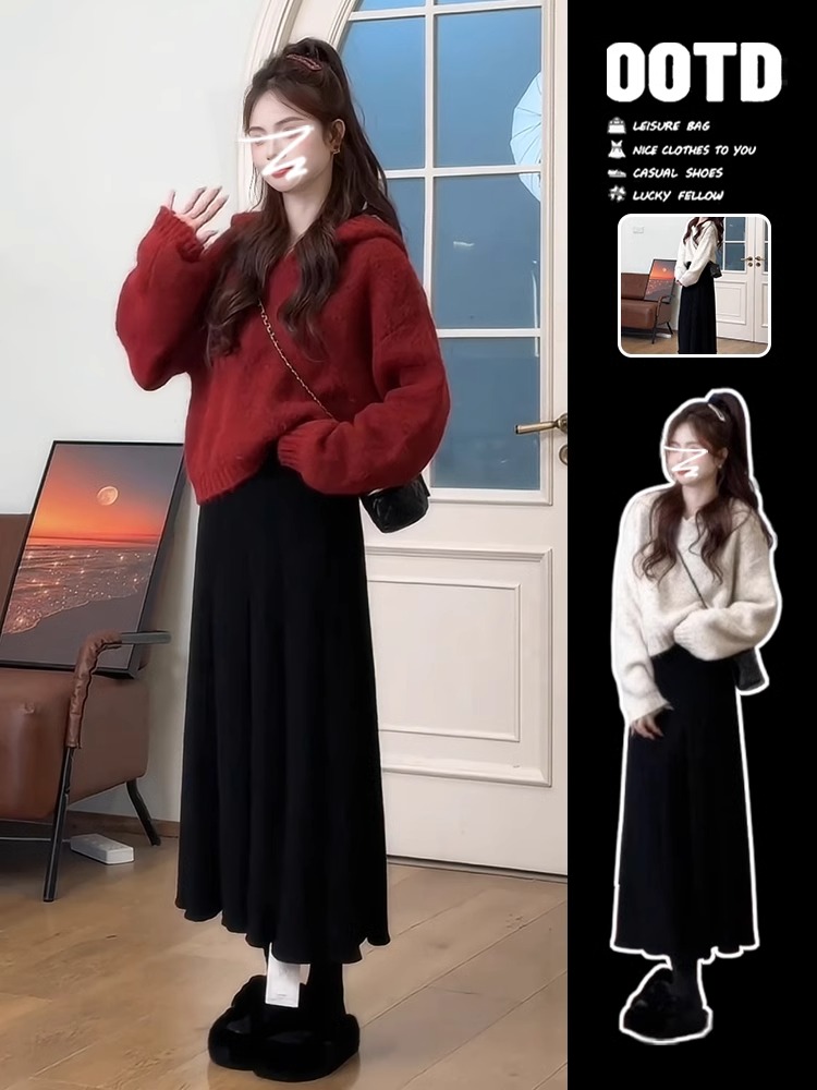 圣诞节穿搭新年红色套头连帽毛衣女秋冬加厚慵懒风短款针织衫上衣