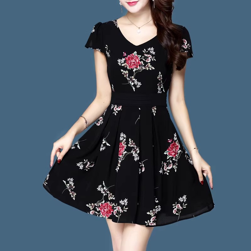 【不退不换，L】4002印花雪纺连衣裙