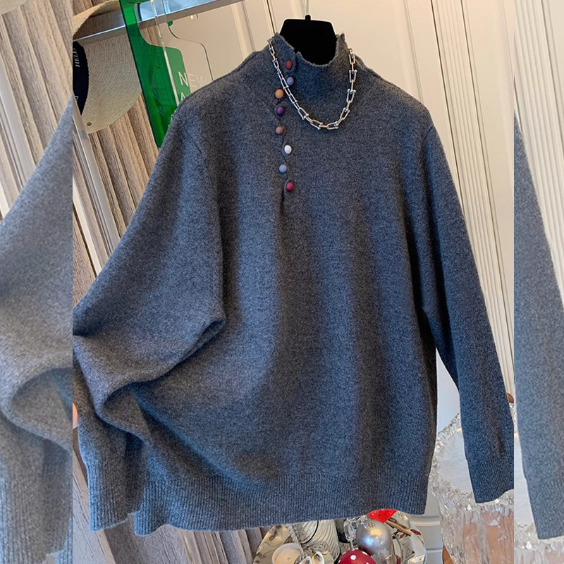 春秋高级感半高领彩色纽扣针织打底衫毛衣女新款内搭保暖上衣小众