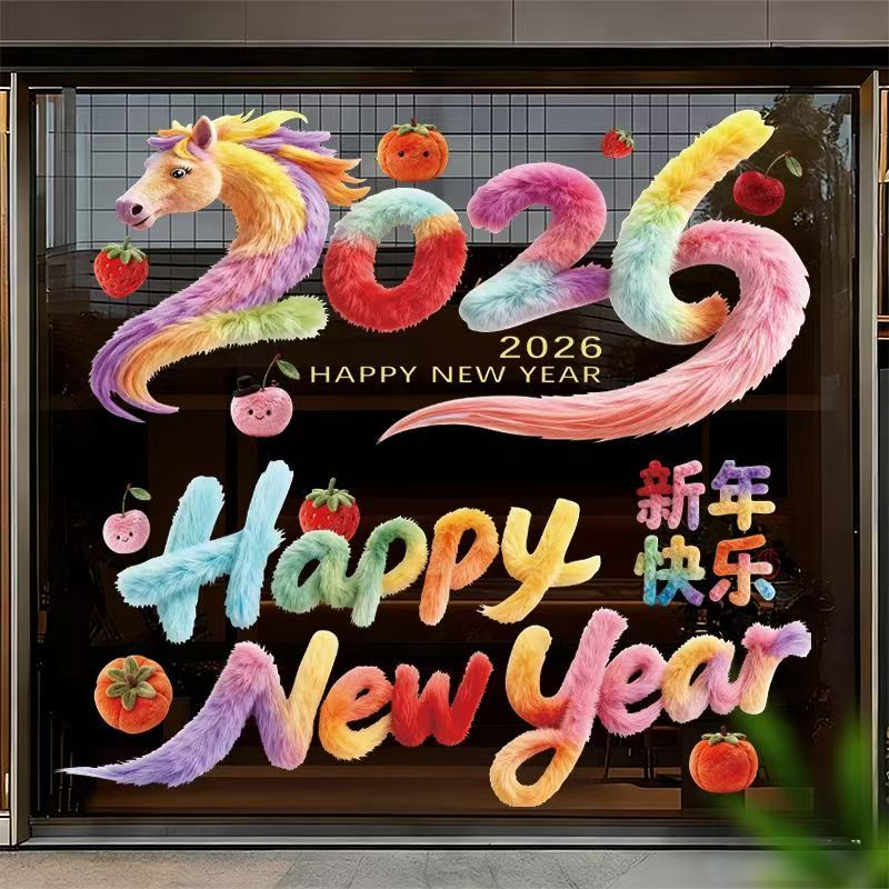 2026新款5D马年静电玻璃窗花快乐喜庆窗贴