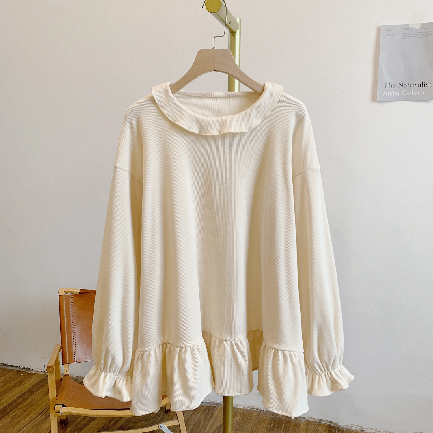 荷露C5484坑条荷叶边娃娃领长袖T恤