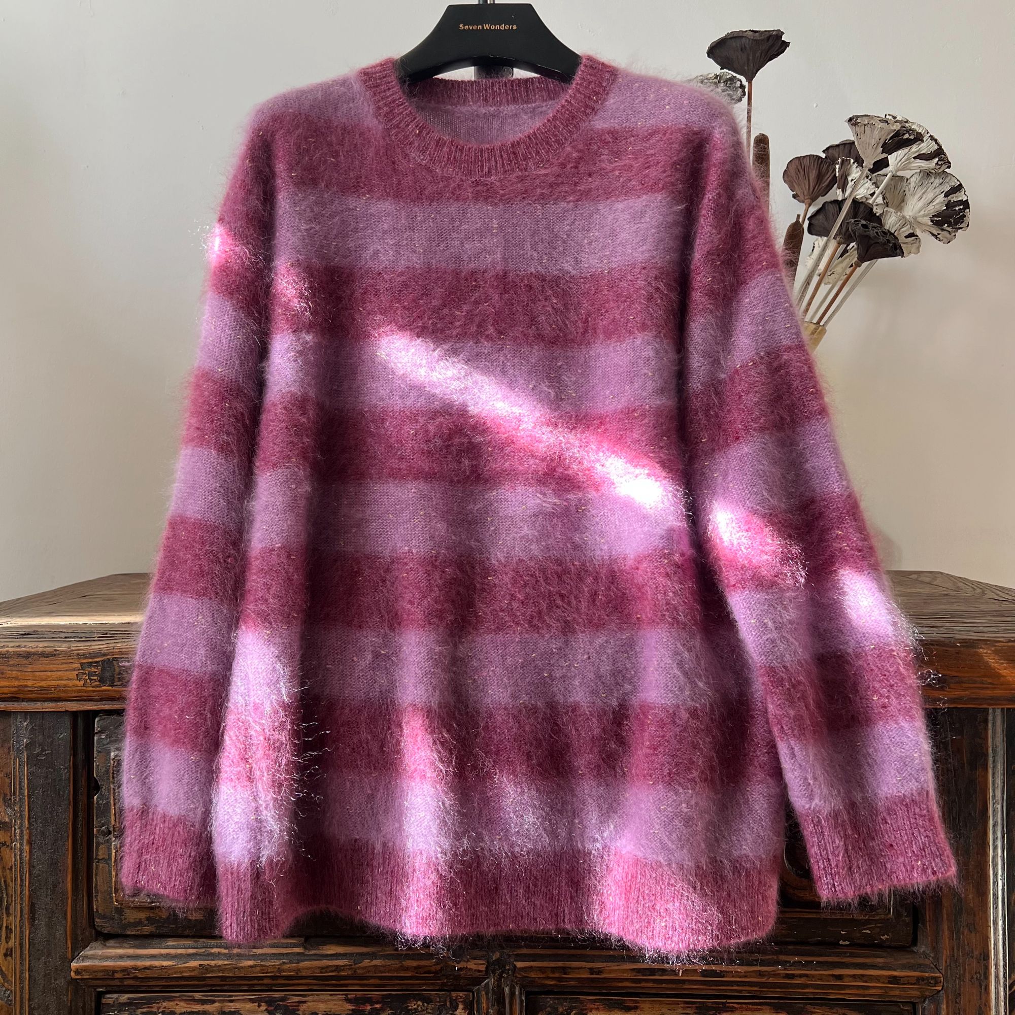 【容悦】梅子色条纹女款拼色针织衫