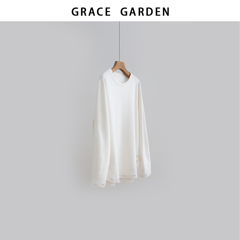 GRACE GARDEN【镂空花！】弧形下摆刺绣镂空T恤NT5K2203