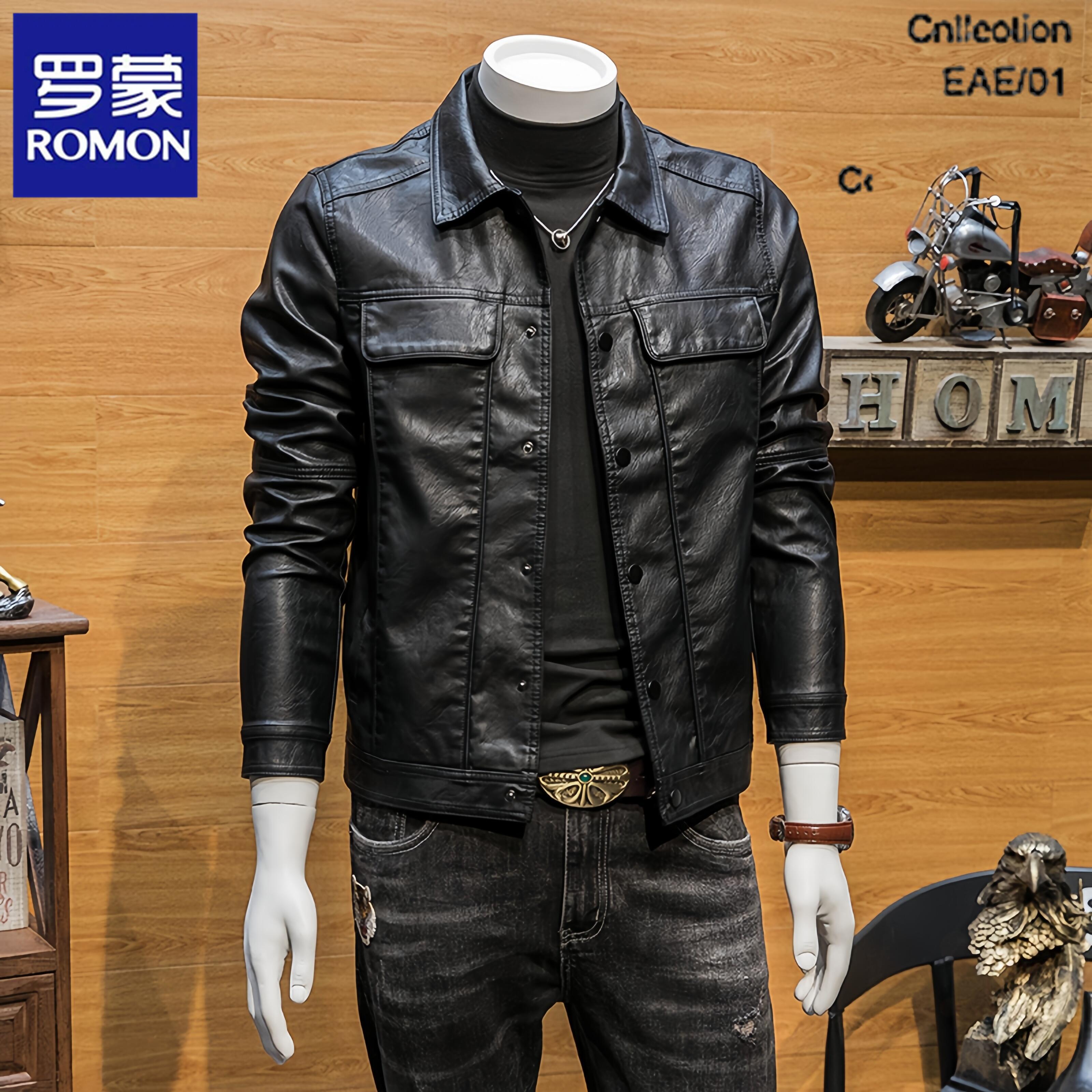 罗蒙男士春秋新款品质海宁皮夹克皮衣时尚韩版潮流休闲外套飞行员