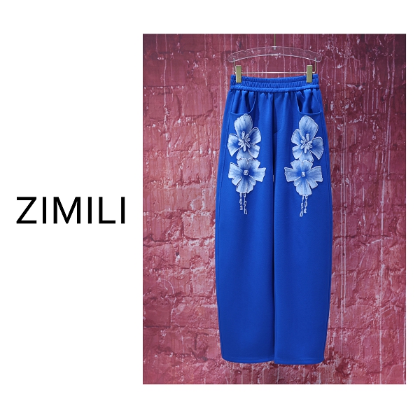 【亮哥女装】2025冬季新品宝石蓝印花钉珠镰刀型阔腿裤8800-H0