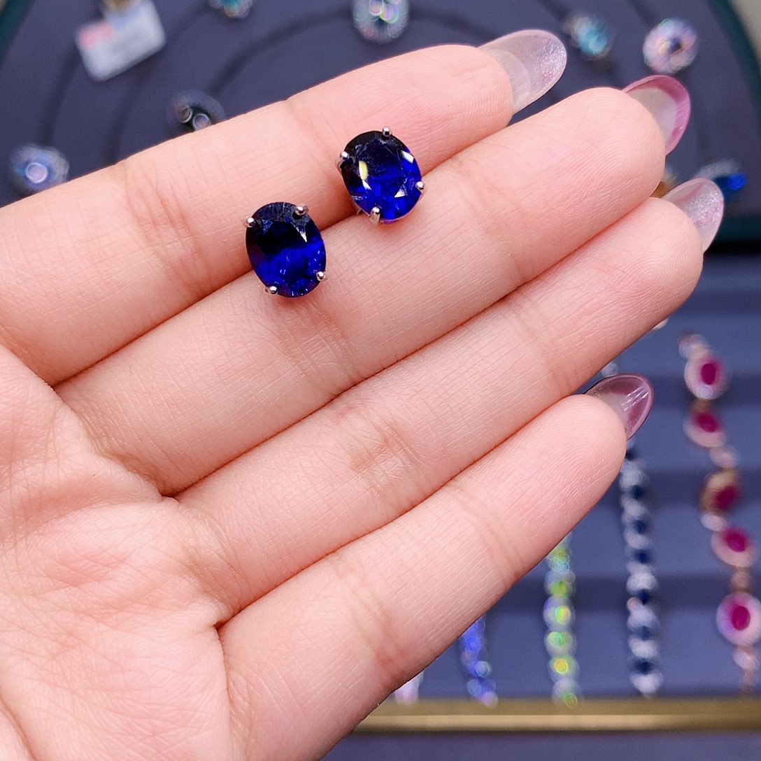 蓝宝石耳饰银S925镶嵌