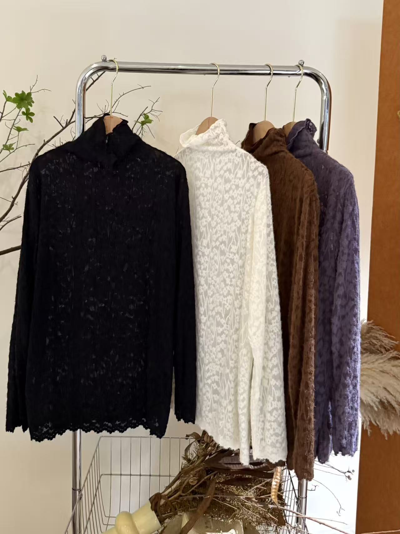 [麦霓定制]新款显瘦百搭高领毛巾花蕾丝打底衫9851