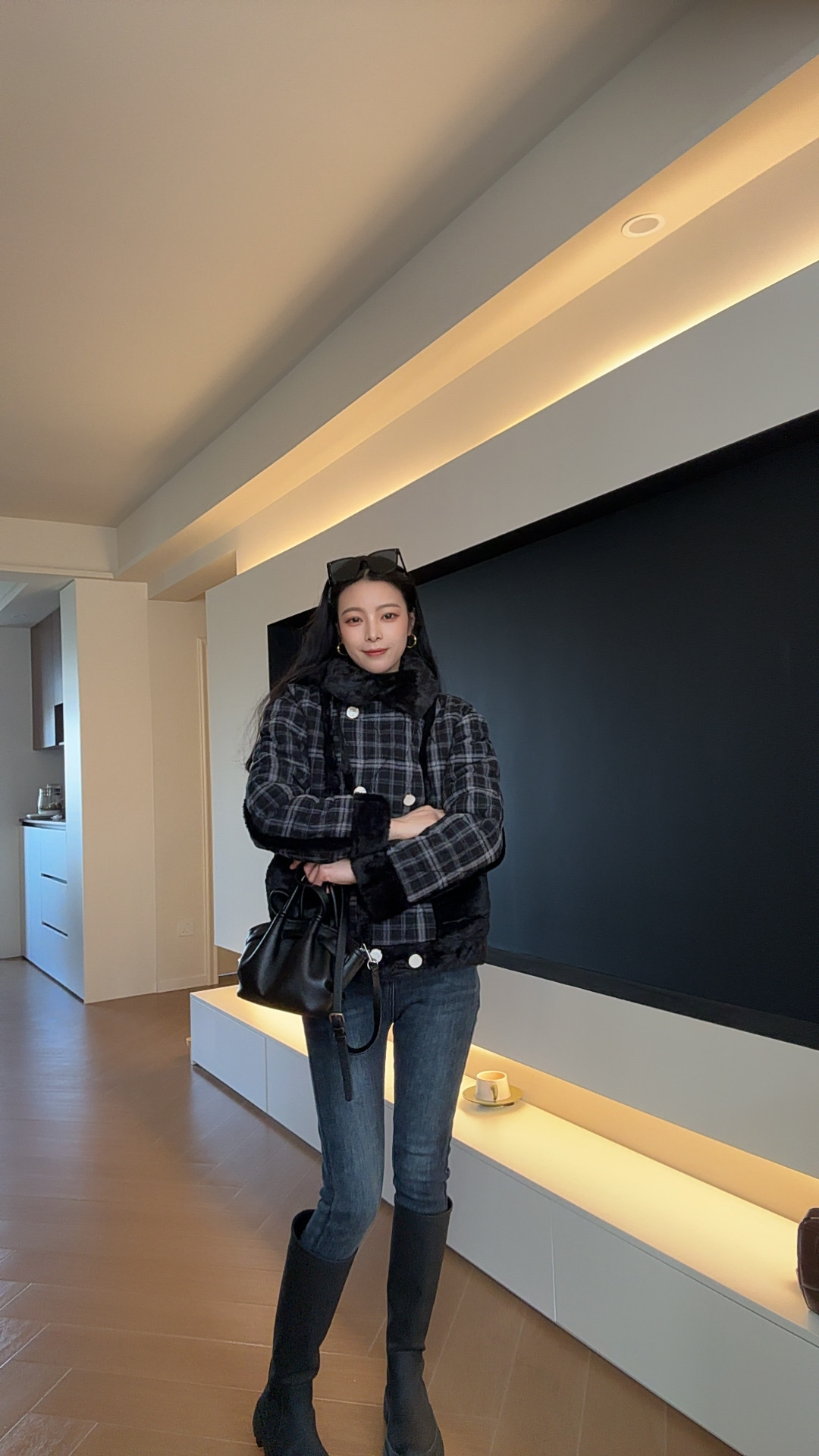 冬季女士新款格子三层夹棉加绒加厚防风保暖套装可外穿