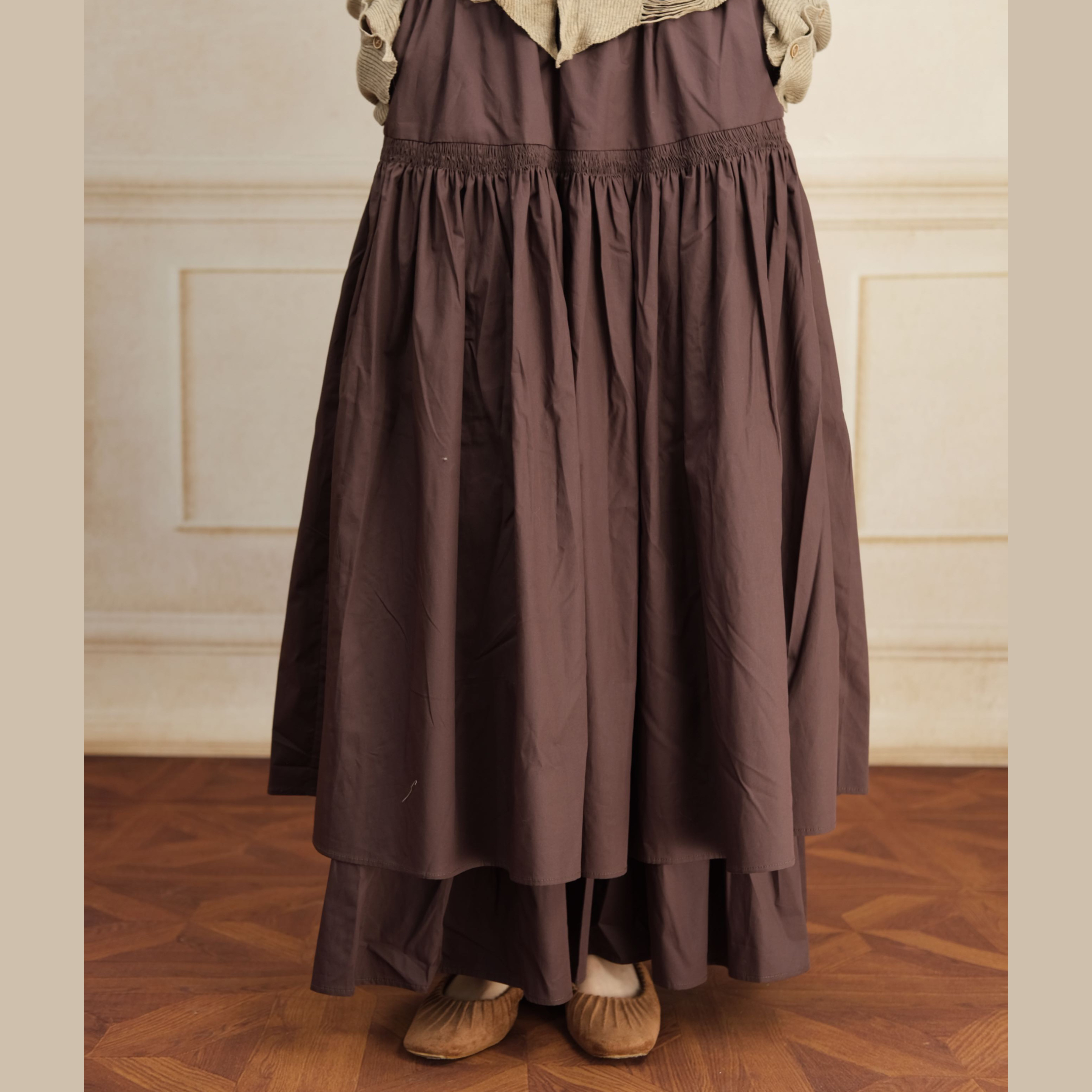 凡人岛·重工压褶A字裙中长款气质伞裙飘逸拼接双层半身裙