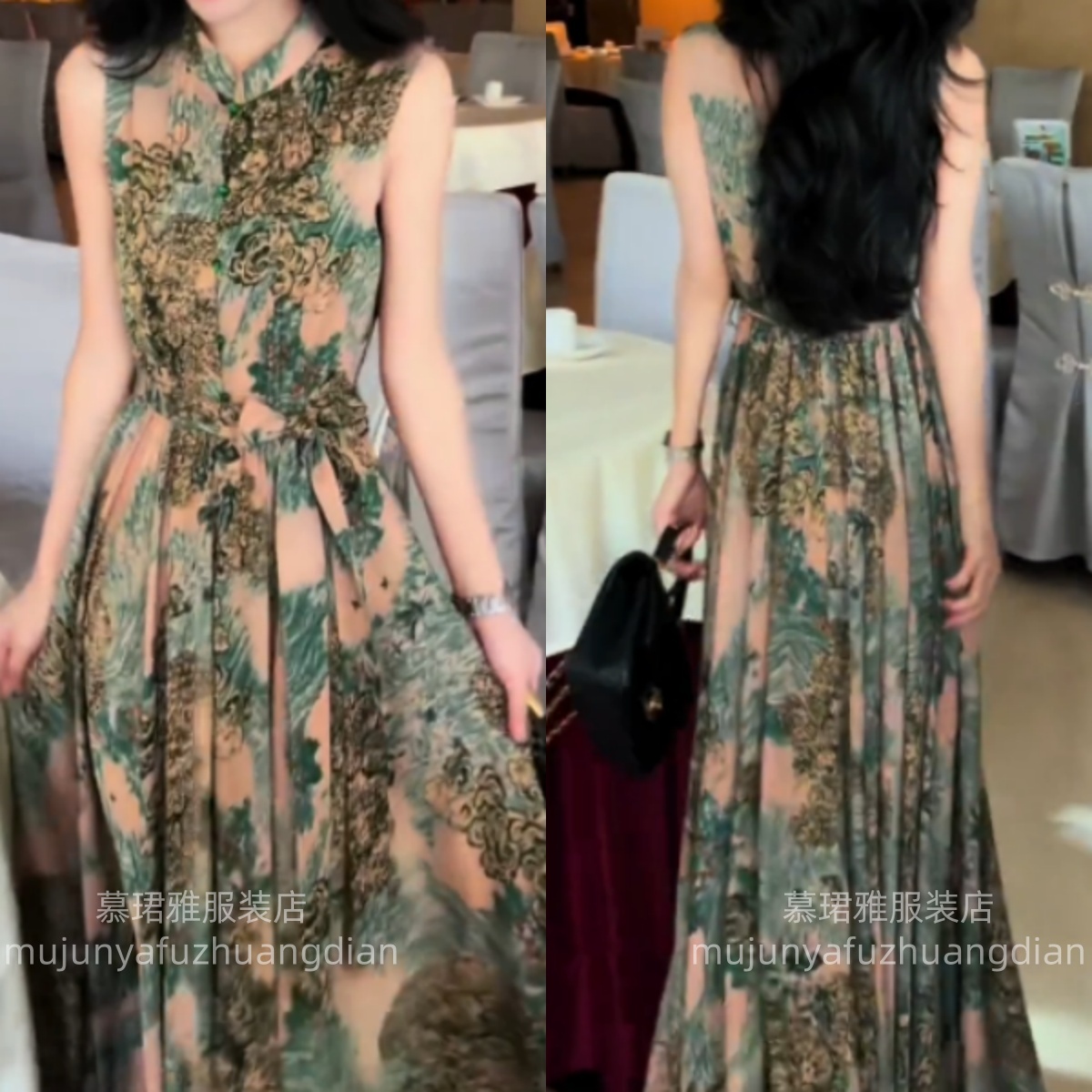 2025夏季印花连衣裙轻奢晕染夏季修身裙子收腰无袖连衣裙FJ52105